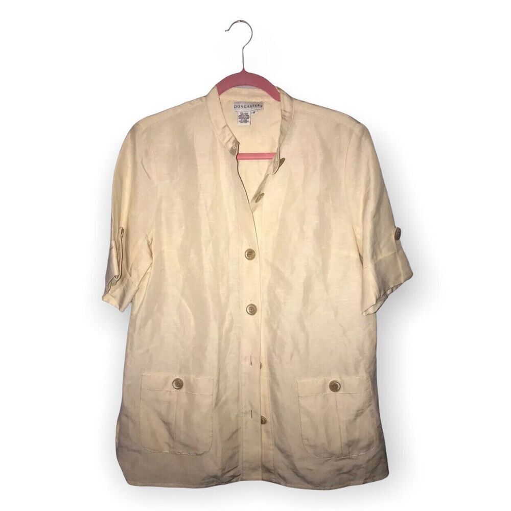 Doncaster Women's Button Top Roll Tab Sleeve Casual Size 12 Pockets Yellow NWT